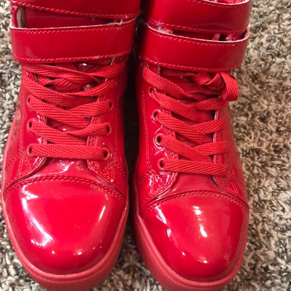 red shiny sneakers